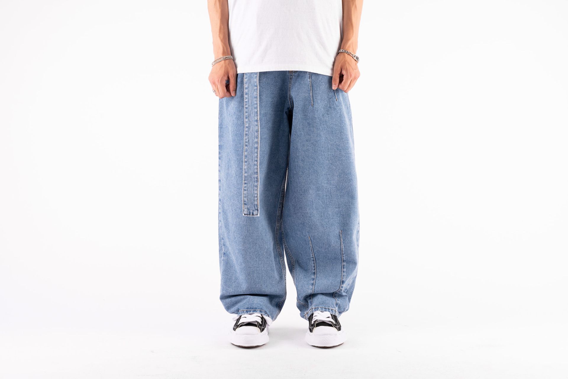 AJOBYAJO Asymmetric Washed Denim Pants